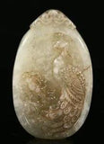 6CM Natural Jade Carve Peony Flower Phoenix Bird  Yubi Yu Bi Amulet Pendant