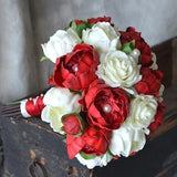 Peony Rose Bridal Bouquet Real Touch Flowers Ivory Ponies Red Peonies Ivory Roses Silk Bridal Bouquet