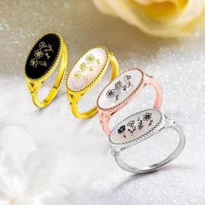 Personalized Birth Month Flower Ring Custom Combined Family Jewelry Statement Stackable Silver Rose Gold Black Agate Mother Shell Gift Her