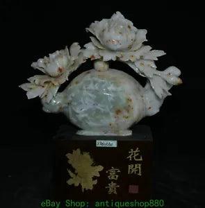 13.7'' China Natural Xiu Jade Carving Peony Flower Wine Tea Pot Flagon Statue
