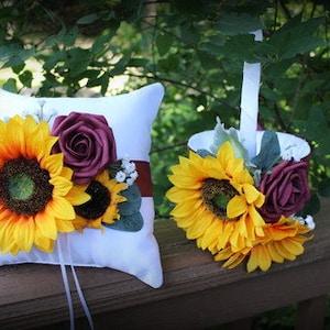 White or Ivory Flower Girl Basket with Sunflowers and Babys Breath Faux Flowers and Wine Rose Ribbons and Bows-Custom Ribbon Colors- Age 4-7
