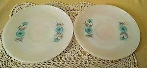 FIRE KING SAUCER SET 2 BONNIE BLUE FLOWER WHITE MILK GLASS CORNFLOWER CARNATION*