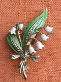 Vintage Exquisite Brooch Lily of the Valley 1950s painted enamel flowers signed