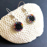 Small mini Venetian glass earrings. Black, lightweight, funky, cute, seed bead, wire hook, circle drop. Birthday gift. Summer earrings.