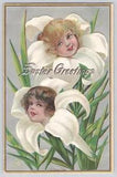 Postcard Easter Greetings Flower Girls Lily Winsch Back Embossed Vintage 1909