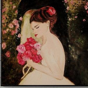 Oil painting painting woman with bouquet of roses
