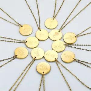 Birth Flower Disc Necklace Engraved Custom Floral Pendant Necklace Jewelry Gift