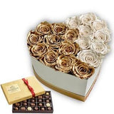 White and Gold Preserved Roses In A Heart Shaped Box