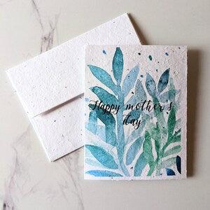 Mother's day card, watercolor blue plants on seed paper or watercolor white paper, happy mother's day