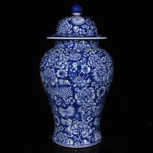 16.5" Old qing dynasty qianlong mark Porcelain Blue white flower peony Vase