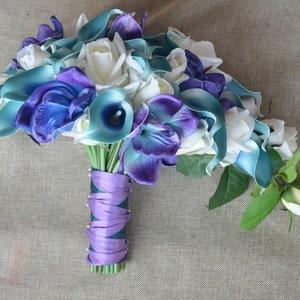 Teal Purple Cascade Bridal Bouquet Groom Boutonniere -Real Touch Flowers Teal Royal Blue Calla Lily Ivory Roses Blue Purple Orchids