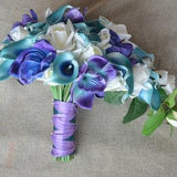 Teal Purple Cascade Bridal Bouquet Groom Boutonniere -Real Touch Flowers Teal Royal Blue Calla Lily Ivory Roses Blue Purple Orchids
