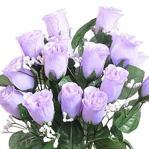 14 Lavender Roses Buds, Long Stems, Bush Bouquet, Artificial Roses, Silk Wedding Flowers, Fake Faux Stems,Light Lilac Purple,Wreath Supplies