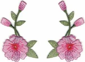 Pair of Long Pink Carnation Flower Floral Embroidery Patch