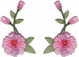 Pair of Long Pink Carnation Flower Floral Embroidery Patch