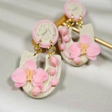 Pink orchid flower realistic floral spring dangle bloom earrings/ polymer clay bird elegant earrings