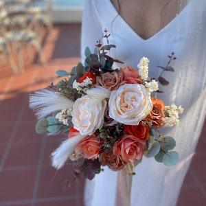 Brown & Terracotta Bridal Bouquet, Boho Wedding Bouquet, Silk flower bouquet, Pampas Bouquet, Toffee rose Cream and orange rose and pampas
