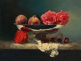 Oil painting still life fruits with peony flowers strawberry in silver plate