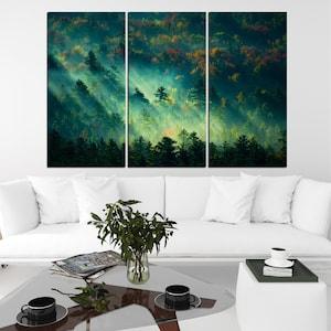 Foggy Forest Canvas Wall Art Emerald Green Scenic Print Canvas Misty Trees Bright Home Decor Sunny Original Vibrant Art Aesthetic Wall Set