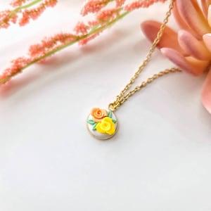 3D Rose Small Dainty Bezel Pendant Necklace/ Gold Chain/ Orange Yellow/ Polymer Clay/Hypoallergenic Nickel Free/Handmade/ Floral/ Bouquet