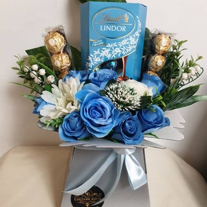 Chocolate Bouquet Blue Lindt Ferrero Stunning Silk Flowers Gift Hamper