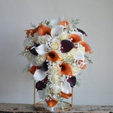 Real Rouch Faux Flowers Bouquet, Burnt Orange Ivory and Dark Burgundy Bridal Bouquet, Calla Lily, Roses Bridal Bouquet, Fall Winter Wedding