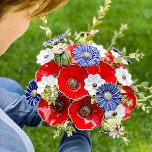 Medium Poppy-Cornflower Bouquet (22 flowers) - Floral arrangement of handmade ceramic flowers, flower girl gift set, boho wedding bouquets