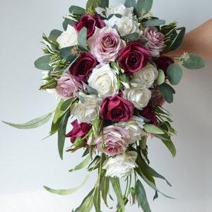 Dusty Pink Mauve Roses, Burgundy Bridal Bouquet, Real Touch Roses, Wedding Bouquets Silk Bridal Bouquets