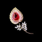 Gold Plated Red Clear CZ Cubic Zirconia Calla Lily Flower Leaf Brooch Pin