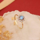 14K Solid Gold Aquamarine Sunflower Ring - Dainty Gold Ring - Anniversary Gold Ring - Stacking Ring - Engagement Ring - Promise Ring