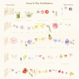 Great Is Thy Faithfulness, Old Hymn Music Sheet, Watercolor Floral Fine Art Giclee Print, Spring Returns, Flower Notes, Garden Home Decor