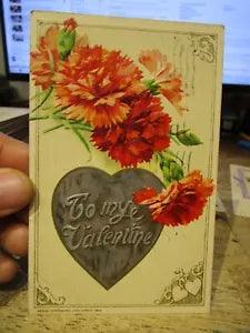 Victorian Era Old HAPPY VALENTINE'S DAY POSTCARD Silver Heart Carnation Flowers