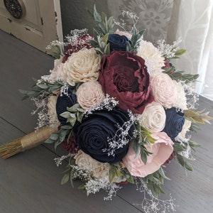 Navy, Burgundy, Blush, and Ivory Sola Wood Flower Bouquet with Baby's Breath and Greenery - Bridal Bridesmaid Toss