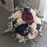 Navy, Burgundy, Blush, and Ivory Sola Wood Flower Bouquet with Baby's Breath and Greenery - Bridal Bridesmaid Toss
