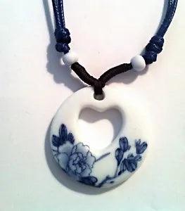 Ethnic Choker Necklace in Blue Peony Flower and Heart Design in Ceramic Pendant