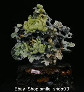 20" Exquisite China Natural Xiu Jade Jadeite Carved Peony Flower Basket Statue
