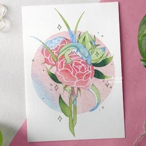 Lizard Peony Bouquet Art Print A4 or A5 Illustrated Poster | Floral Reptile Botanical Watercolour Painting