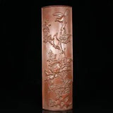 Chinese Antique Vintage Bamboo Carving Nice Arm Pillow Peony Flower Bird Statue