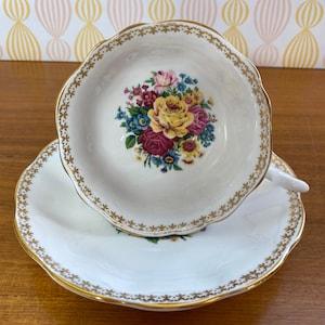Consort China Tea Cup and Saucer, Colourful Floral Bouquet Centres with Gold Accents English Bone China Teacup and Saucer, Imperfect Flaws