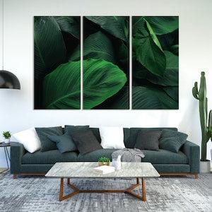Large Foliage Painting Art on Canvas, Tropical Leaves Creative Decor for Home, Green Plants Artwork, Dark Green Wall Decor