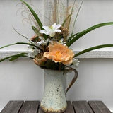 Country Farmhouse small water pitcher, blue paint chip rust finish, handcrafted bouquet Lilies, Queen Anne Lace & mixed cream Floral stems