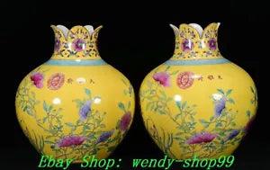 Unique Famille Rose Porcelain Peony Plum Pomegranate Flower Bottle Vase Pair