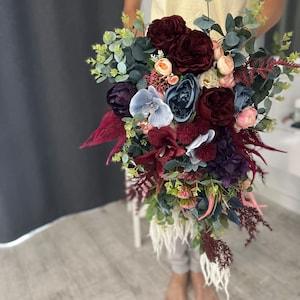 Burgundy navy pink cascading bouquet Bridal bouquet Faux bouquet Boho wedding bouquet Burgundy cascade Red Peony Eucalyptus maroon bouquet
