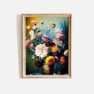 Vintage Moody Floral Oil Painting, Garden Flower Bouquet Print, Colorful Flowers in Vase Art Print, Still Life with Flowers in a Vase