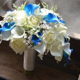 Cascade Bridal Bouquet Royal Blue Ivory Real Touch Flowers Calla lilies Roses Dusty Millers baby's breath malaysia Wedding Bouquets