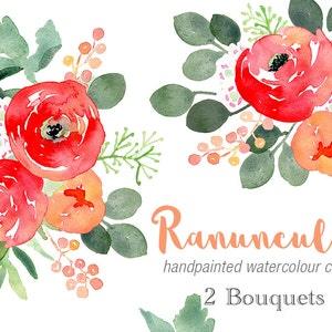 Watercolour Clip Art - Ranunculus Two Bouquets, red flowers, bouquet clipart, christmas flowers, floral graphic, wedding flowers, flower art