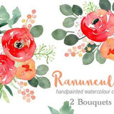 Watercolour Clip Art - Ranunculus Two Bouquets, red flowers, bouquet clipart, christmas flowers, floral graphic, wedding flowers, flower art