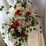 Cascade Wedding Bouquets, Red Roses Wedding Bouquets,  Ivory Lily Wedding Bouquets, Romantic Wedding Bouquets, Country Wedding Bouquets