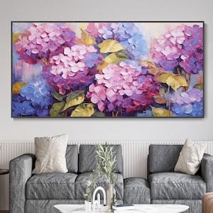 Large Purple Flower Field Landscape Art, Original Hydrangea Textured Knife Painting, 3D Thick Coated Canvas Oil Painting, Blooming Flowers