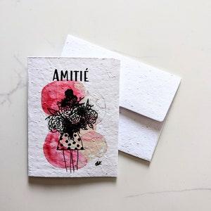Friendship card, pink watercolor girl with flower bouquet  on plantable seed paper or watercolor white paper, thank you card